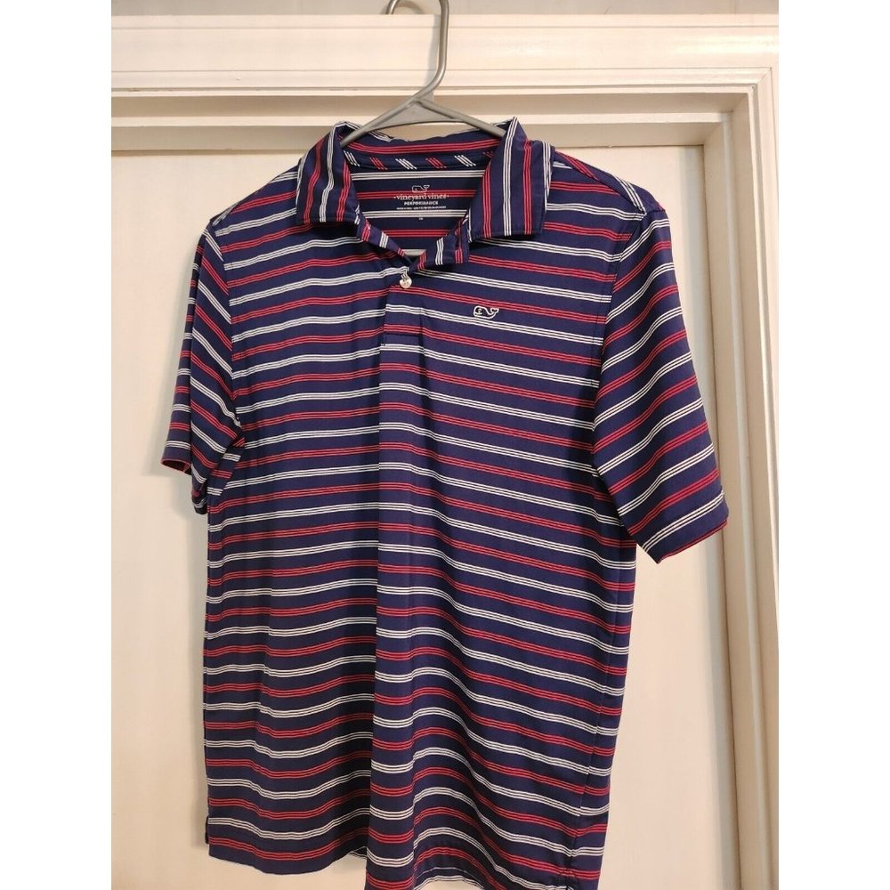 Vineyard Vines Performance Golf Polo Shirt Large Blue Red  Striped Whale